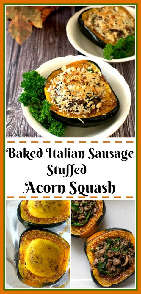 Baked Italian Sausage, Sausage Stuffed Acorn Squash, Spicy Italian Sausage, Fall Dinners, Stuffed Acorn Squash, Sausage Stuffing, Acorn Squash Recipes, Baked Squash, Fruit Salsa