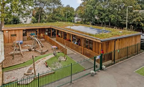 Eco-Nursery at Bickley Park School in Bromley - Video | The Learning Escape Preschool Designs Exterior, Preschool Exterior Design, Bloxburg Kindergarten, Preschool Exterior, Clinic Exterior Design, Biophilic Concept, Daycare Exterior, Architecture Dream Job, Pink Fish Tank