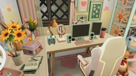 Sims 4 Pastel Pop Kit, School Stories, Sims Challenge, High School Story, Sims 4 Build, Pc Setup, Desk Setup, Gaming Setup, Sims 4