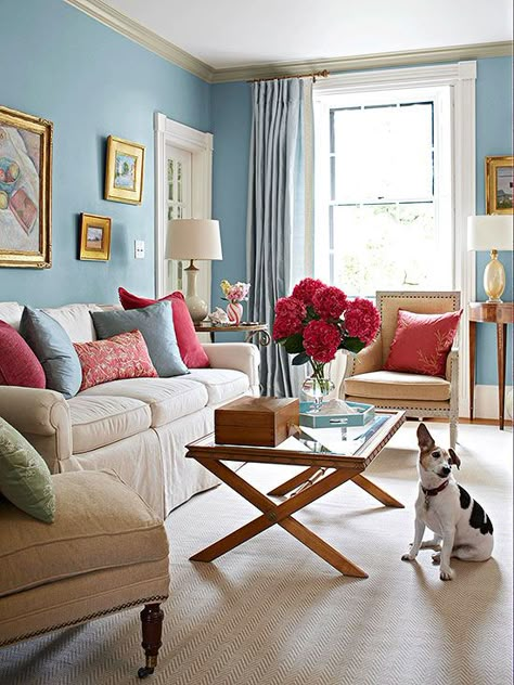 Feminine Color Scheme BHG.com Sky Blue and Pink Color Palette For Home, Light Blue Living Room, Feminine Living Room, Blue Living Room Decor, Condo Decorating, 아파트 인테리어, Blue Living Room, Blue Rooms, A Living Room