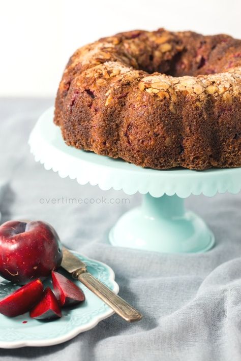 Almond Crusted Plum Bundt Cake - Overtime Cook Plum Bundt Cake Recipe, Plum Bundt Cake, Pumpkin Bundt Cake, Almond Crusted, Plum Jam, Spiced Apple Cider, Almond Nut, Plum Cake, Bundt Cakes Recipes