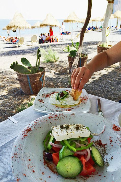 Feta Tzatziki, Santorini Restaurants, Kamari Beach, Mediterranean Food, Visiting Greece, Greek Salad, Santorini Greece, Corfu, Paros