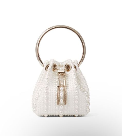 Jimmy Choo Bon Bon Bag, Embellished Bags, White Clutch, Jimmy Choo Bag, White Prom Dress, Pearl Bag, Satin Bags, Handbag Heaven, Fancy Bags