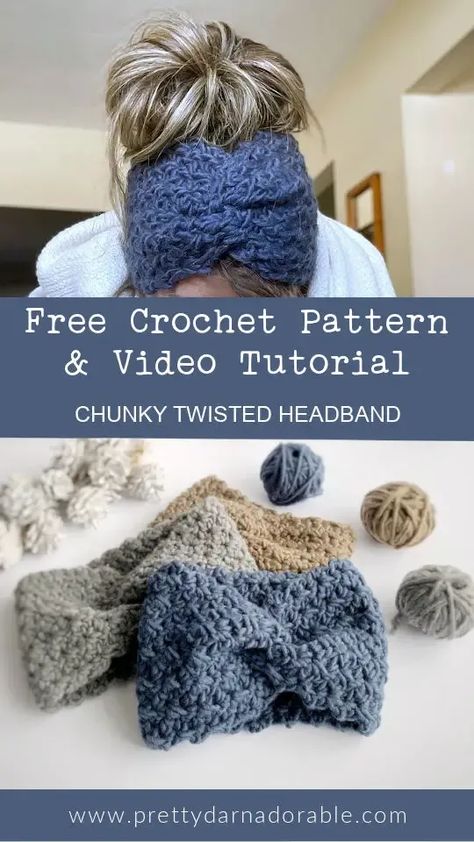 Looking for a cozy and easy-to-make crochet headband pattern with multiple sizes and a video tutorial? Look no further! This free pattern is made with chunky weight yarn and features a simple one-row repeat of single crochet and chain stitches. Whether you're a beginner or an experienced crocheter, you'll love snuggling up with this headband during the winter months. The beautiful stitch creates a feminine and cozy lacy texture. Quick And Easy Crochet Headband, Crochet Chunky Twisted Headband, Twisted Ear Warmer Crochet Pattern Free, Twisted Ear Warmer Crochet, Big Twist Yarn Crochet Patterns, Crochet Twisted Headband Pattern Free, Easy Scarf Crochet Pattern, Crochet Twisted Ear Warmer, Crochet Twisted Headband