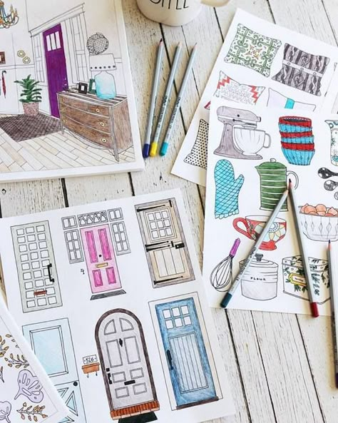 Interior Design Journal Ideas, Interior Design Sketchbook Ideas, Interior Design Coloring Book, Interior Student, Interior Design Notes, Interior Design Journal, Interior Design Coloring Pages, Furniture Illustration, Bookmarks Ideas