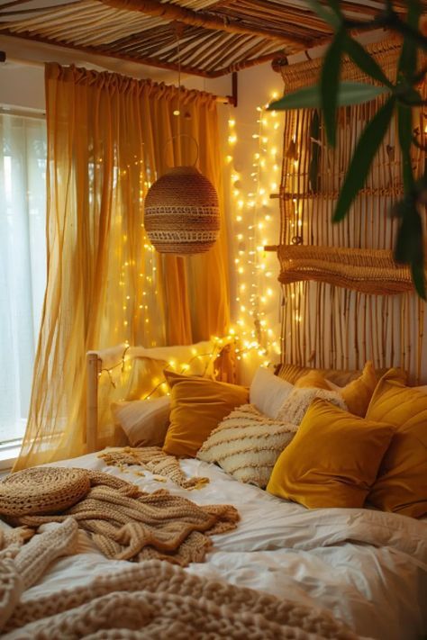 Yellow Apartment Aesthetic, Boho Bedroom Yellow, Yellow Themed Bedroom, Yellow And White Bedroom, Yellow Room Aesthetic, Yellow Bedroom Aesthetic, Yellow Boho Bedroom, Mustard Yellow Bedroom, Harvard Dorm