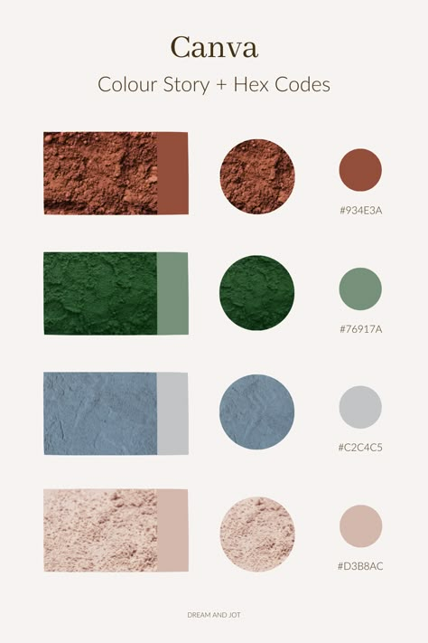 A light beige background with 4 different photos of coloured powder and then their corresponding colours pulled from each and displayed in circles beside the photo with the hex code below each colour. Canva Hex Colors, Brand Color Palette With Hex Codes, Canva Color Codes, Nature Colour Palette, Brand Color Palette Hex Codes, Canva Color Palette Codes, Mediterranean Color Scheme, Colour Palette With Hex Codes, Organic Color Palette