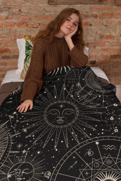 Unbelievably fluffy and warm - this high-quality cozy fleece blanket is impossible to leave behind wherever one might go. The perfect size for snuggling on the couch, by the fireplace, or at outdoor events. Celestial Quilt, Constellation Bedding, Witch Items, Emo Witch, Gothic Bedding, Witchy Shop, Horoscope Constellation, Gothic Bed, Witch Gifts