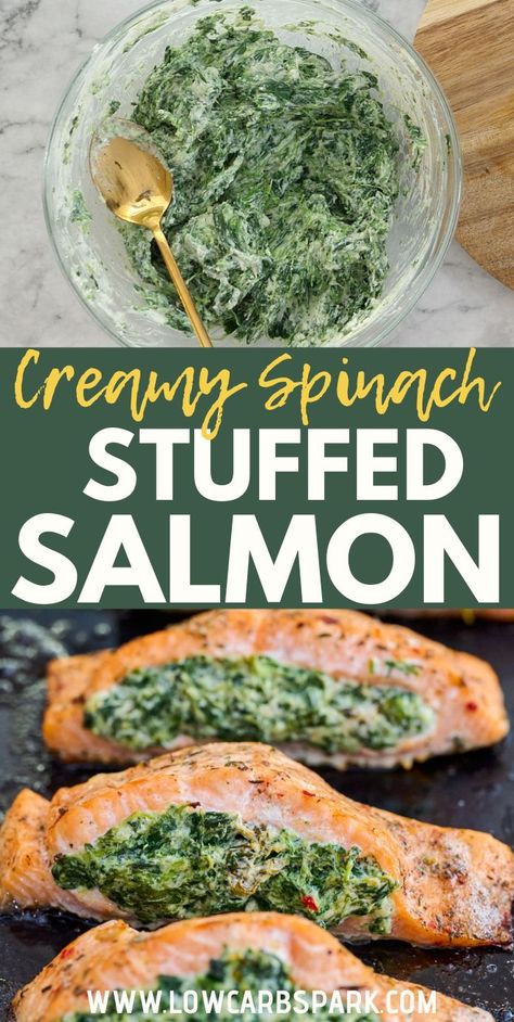 Spinach Stuffed Salmon Spinach Stuffed Salmon, Individual Meals, Salmon Fillet Recipes, Spinach Filling, Stuffed Salmon, Salmon Spinach, Creamy Spinach, Glazed Salmon, Salmon Fillets