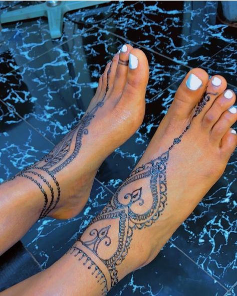 Women Feet Tattoos, Bottom Feet Tattoos For Women, Henna Ankle Tattoo, Matching Foot Tattoos, Henna Foot Tattoos For Women, Henna Tattoo Designs Foot, Henna Foot Tattoo, Mandala Ankle Tattoo, Ornamental Foot Tattoo Design