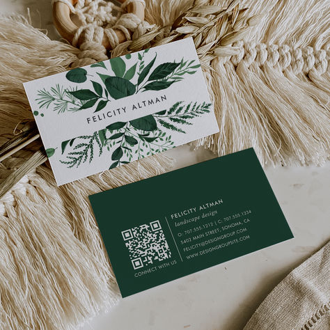 Chic botanical business cards feature your name or company name flanked by a top and bottom border of painted watercolor botanical leaves in rich shades of hunter and forest green. Add your full contact information to the back in white on coordinating dark green, along with a customizable QR code. Leaf Business Card, Earth Tone Business Cards, Emerald Green Business Cards, Forest Green Business Cards, Green Business Card Design, Botanical Business, Green Business Card, Qr Code Business, Qr Code Business Card