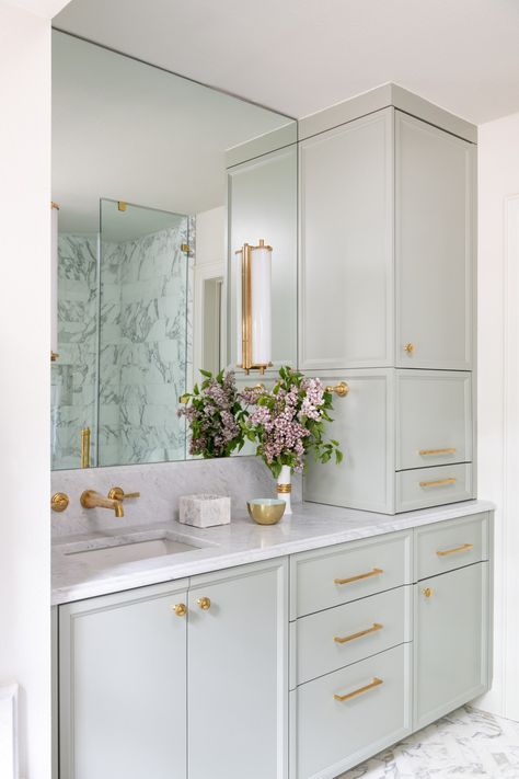 Vanity With Full Height Storage, Double Vanity With Linen Cabinet, Farrow And Ball Mizzle, Vanity With Linen Cabinet, Industrial Sink, Custom Bathroom Cabinets, Georgia House, Bathroom Details, Bathroom Vanity Storage