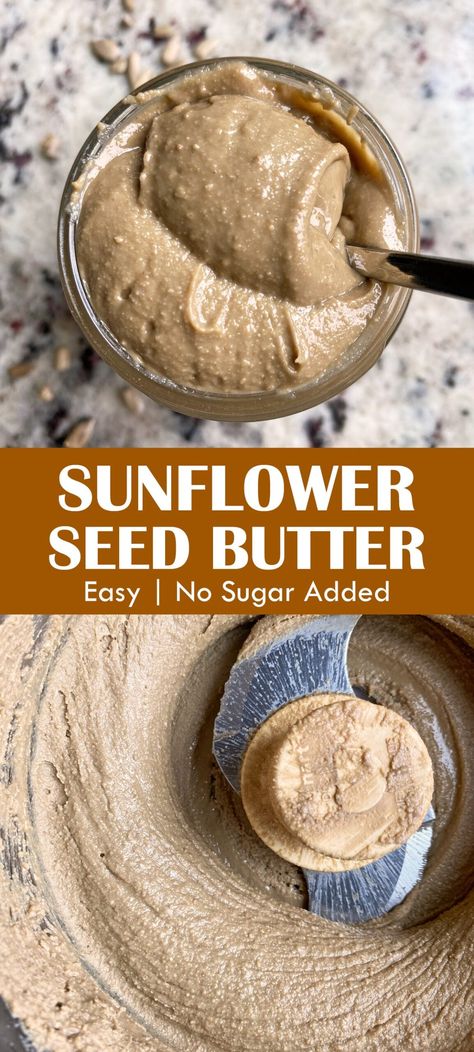 This homemade sunflower seed butter is made from roasted sunflower seeds, which are blended in a food processor with a little salt. It's thick, creamy and can be used in any sunbutter recipes. #sunbutter #sunflowerseeds #2ingredients #easyrecipes #nutfree Homemade Sunflower Seed Butter, Diy Sunflower Seed Butter, How To Make Sunflower Butter, Sunflower Butter Desserts, Homemade Sunflower Butter, Recipes Using Sunflower Seeds, Sunflower Kernels Recipes, Sunflower Seed Recipes Roasted, Raw Sunflower Seed Recipes