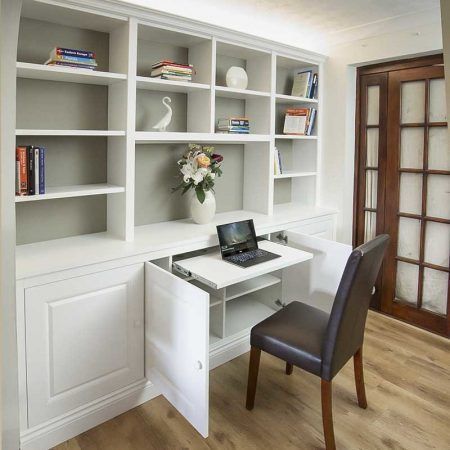 Like the concept of my work desk and storage being enclosed in the built in shelves that will possibly surround the piano. It would be nice to have those things tucked away when not in use so they don't take up a lot of space in room. A great use of space. Pull Out Desk, Hidden Desk, Office Built Ins, Built In Cabinet, Dining Room Storage, Built In Bookcase, Living Room Remodel, Built In Cabinets, Built In Desk