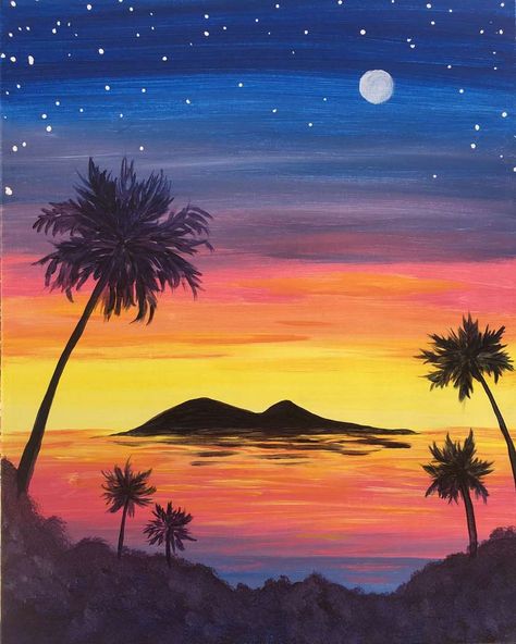 Island Painting Ideas, Goodness In You Paintings, Island Painting Easy, Sunset With Moon Painting, Sunset And Moon Painting, Vacation Painting, Silhouette Painting Ideas, Island Painting, Island Drawing