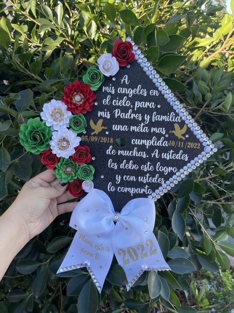 Graduation cap topper with 3d flowers: Floral grad cap with bow Graduation cap with bow Graduation cap design Graduation cap designs Graduation cap decoration Graduation cap First Gen Grad Cap, Decorate Graduation Cap College, Grad Cap Bow, Grad Topper Ideas, 1st Gen Graduation Cap, First Gen Graduation Caps, Grad Cap Ideas Spanish, Graduation Cap With Bow, Bow Graduation Cap