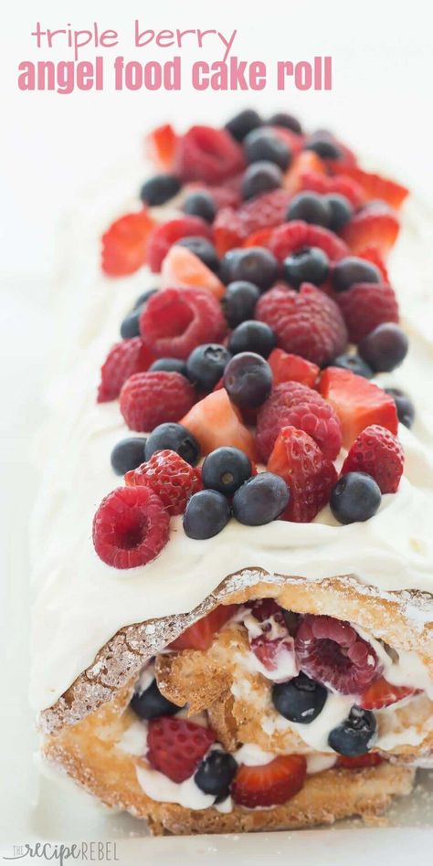 This Triple Berry Angel Food Cake Roll is an easy red, white and blue dessert (or just red and white!) for the 4th of July or Canada Day, or any day! Perfect with fresh summer strawberries, raspberries and blueberries :) Includes step by step recipe video. Berry Angel Food Cake, Angel Food Cake Roll, Fruit Desserts Easy, Chocolate Roll Cake, Angel Food Cake Mix Recipes, Blue Desserts, Dessert Simple, Angel Food Cake, Food Cake