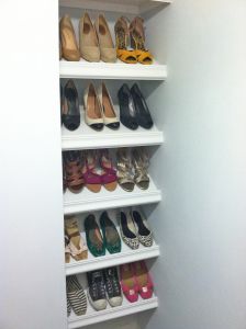 Designer Shoe Shelves on a Budget | SunshineandSawdust Shoe Shelf In Closet Diy, Slanted Shoe Shelves, Shoe Shelf In Closet, Diy Shoe Rack Ideas, Closet Diy, Diy Shoe Rack, Diy Dresser Makeover, Closet Shoe Storage, Shoe Rack With Shelf