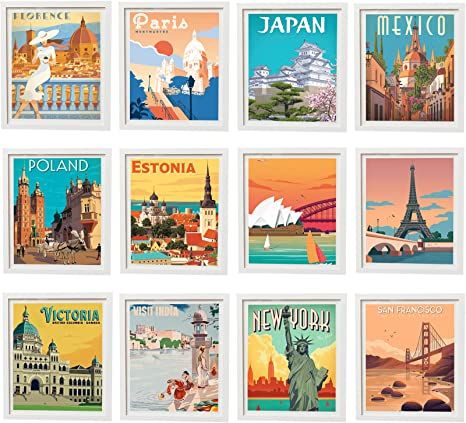 Amazon.com: VIVIMAGIS Vintage Wall Decor Aesthetic Retro Style Travel City Posters for Room Decor Wall Art Print-Set of 12 World Travel Paintings Preppy Decorations Dorm Room 8" x 10" (UNFRAMED): Posters & Prints Paintings Preppy, Preppy Decorations, Posters For Room Decor, Chalet Bedroom, City Posters, Posters For Room, Travel Room, Freshman Dorm, Wall Decor Aesthetic