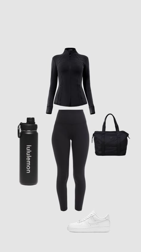 Pe Kit Outfit, Black Branded Gym Tops, Black Workout Set Aesthetic, Black Workout Zip Up, Gym Outfit Polyvore, Workout Sets Outfit, Gym Polyvore, Jacket Outfit, Gymwear Outfits