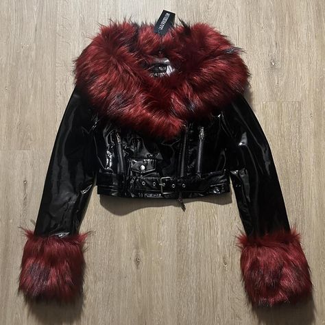 Goth Leather Outfit, Leather Outfit Aesthetic, Rockstar Jacket, Ramona Badwolf, Black And Red Outfit, Grunge Clothing, Red Fur, Lace Up Leggings, Winter Outfit Inspiration