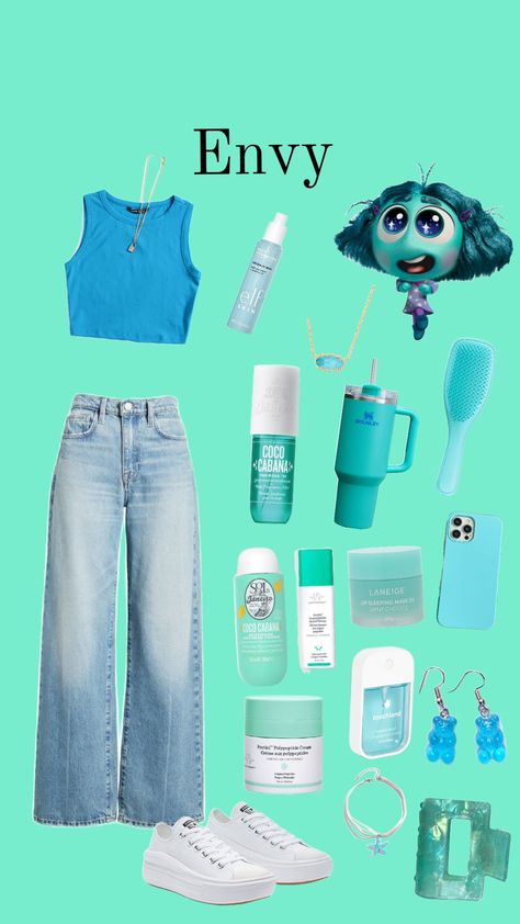 Envy from Inside Out inspired fit#Teal Envy Outfit Ideas Inside Out, Inside Out Outfit Ideas Aesthetic, Inside Out Inspired Outfits, Inside Out 2 Outfit Ideas, Inside Out Outfit Ideas, Envy Inside Out, Pixar Costume, Inside Out Costume, Movie Inside Out