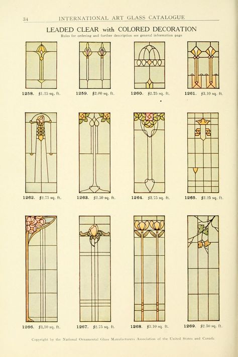 View the stained glass windows that were commercially available during the Art Nouveau era of 1910. The below plates are from the 1914 catalog of the National Ornamental Glass Manufacturers Association of the United States and Canada.