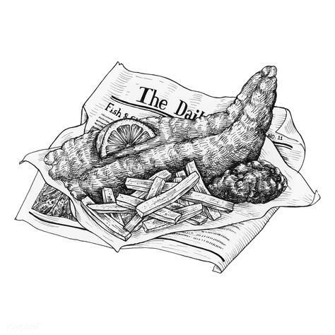 Hand drawn fish and chips | premium image by rawpixel.com Newspaper Drawing, Chip Tattoo, Fish N Chips, Drawn Fish, Free Illustration Images, Hand Images, Ship Drawing, Fish Drawings, Black And White Prints