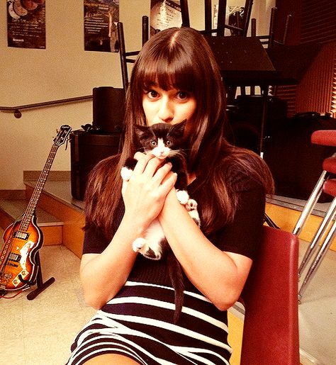 Glee Set, Lea Michele, and a kitten - I don't know what could make this picture any better? Lea Michele Glee, Lea Michelle, Rachel Berry, Casting Pics, Cory Monteith, Glee Cast, Lea Michele, Darren Criss, Glee