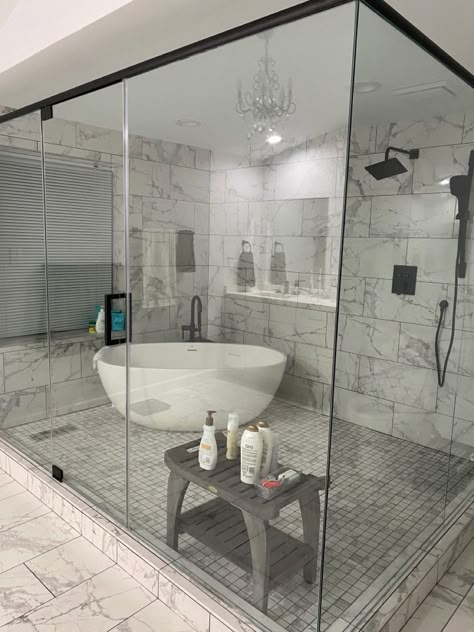 Gorgeous quartz bathtub inside a marble tiled shower enclosure. Bathroom For Couples Master Bath, Shower Types Master Bath, Big Bathtub For Two Master Bath, Combined Shower Tub Area, Euro Shower Master Bath, Bathrooms With Big Tubs, Dream Master Shower Luxury, Basement Master Suite Bathroom, Modern Farmhouse Bathroom Master Suite