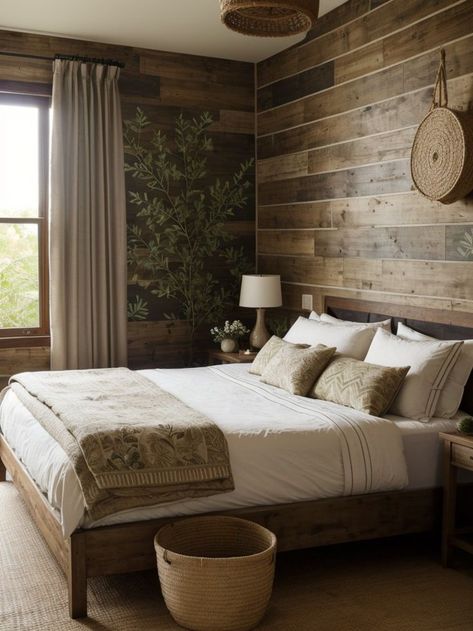 Elevate your bedroom design with an earthy wallpaper accent wall, featuring nature-inspired patterns and textures. Complement the look with a wooden bed frame, botanical prints, and woven baskets for a rustic and calming space. Earthy Bedroom, Wooden Bed Frame, Calming Spaces, Bedroom Wallpaper, Wallpaper Accent, Wallpaper Accent Wall, Wooden Bed Frames, Woven Baskets, Wallpaper Bedroom