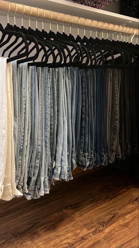 Denim Closet Organization, Jeans Collection Closet, Hanged Clothes Aesthetic, Clothes In Closet Aesthetic, Jean Closet Organization, Jeans Organization Closet, Closet Organization Ideas Jeans, Aesthetic Wardrobe Organization, Denim Organization