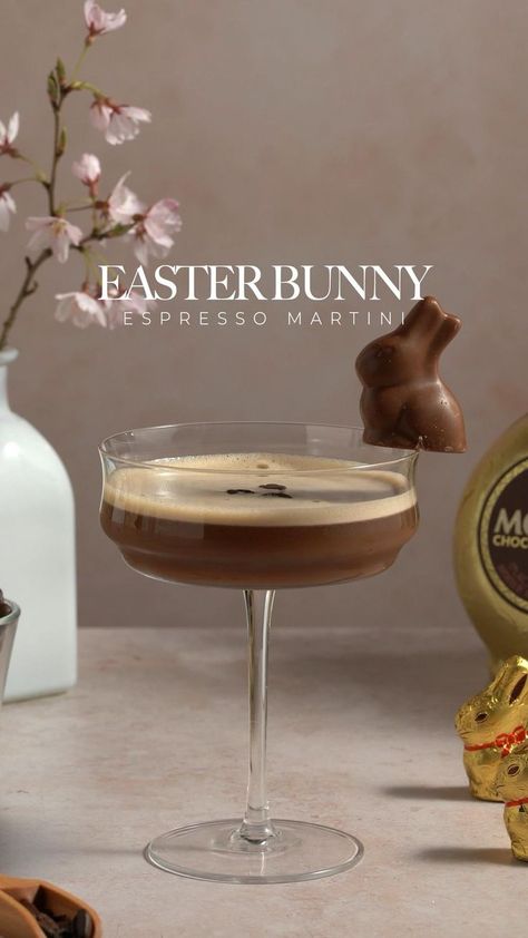 Easter Espresso Martini, Bunny Cocktail, Chocolate Espresso Martini, Easter Drinks, Easter Bunny Chocolate, Easter Drink, Bunny Chocolate, Easter Cocktails, Craft Cocktail Recipe