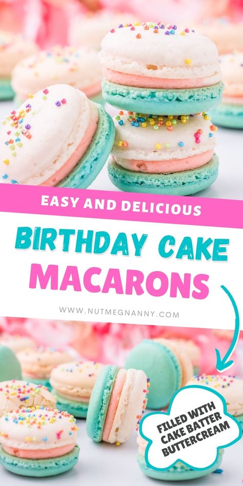 These birthday cake macarons are the perfect addition to any birthday celebration! Deliciously light and flavorful, filled with birthday cake buttercream, and topped with colorful sprinkles. Birthday Cake French Macarons, Cake Batter Macarons Recipe, Birthday Macarons Cake, Dessert Recipes Macaroons, Pink And Blue Macaroons, Tart Cake Recipes, Cake Batter Macarons, Easy Fun Desserts For Kids, Macaron Filling Recipe Easy