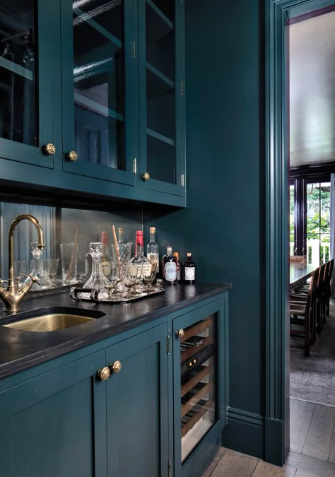 Black Countertops Teal Cabinets, Wet Bar Countertops, Teal Butlers Pantry, Deep Teal Cabinets, Teal Kitchen Cabinets Black Counter, Deep Blue Green Kitchen Cabinets, Deep Teal Kitchen Cabinets, Black Teal Paint, Black And Teal Kitchen