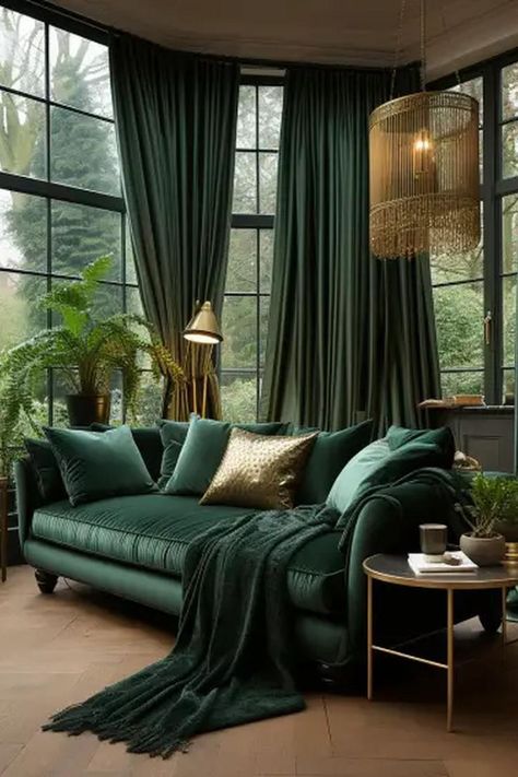 Emerald green tassels and textiles with gold decor in a stylish living room Green Brown And Gold Living Room, Emerald Green And Grey Living Room, Emerald Green Feature Wall, Green Living Room Aesthetic, Living Room Ideas Dark, Green And Brown Living Room, Emerald Green Rooms, Brown And Green Living Room, Dark Living Room Decor