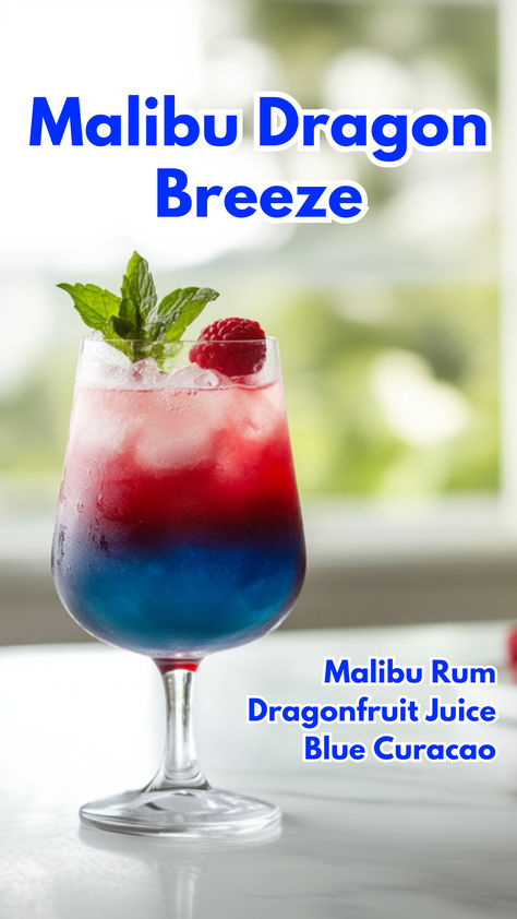 Malibu Dragon Breeze Amaretto Drinks Recipes, Malibu Cocktails, Layered Cocktails, Easy Mixed Drinks, Raspberry Cocktail, Fun Drinks Alcohol, Cocktail Drinks Alcoholic, Mixed Drinks Alcohol, Best Cocktail Recipes