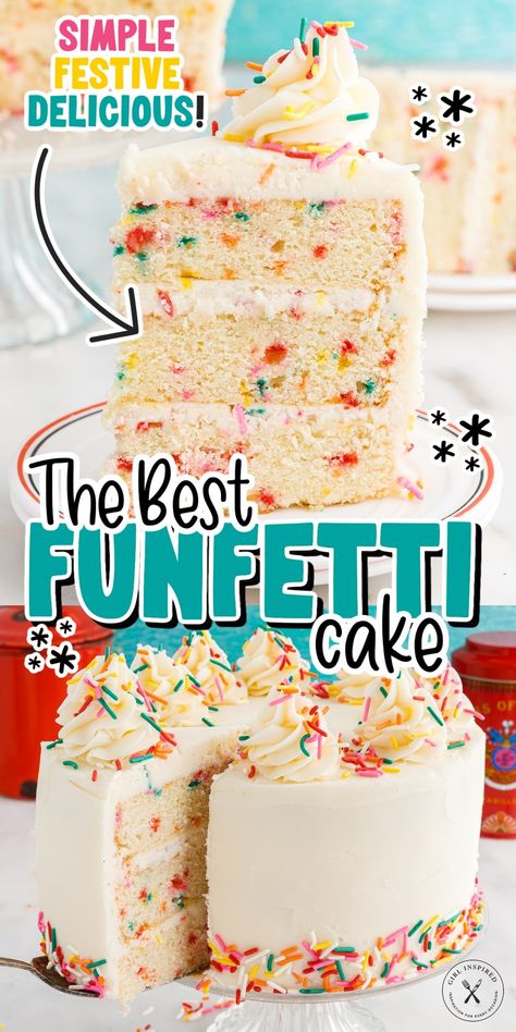 This homemade funfetti cake recipe is so simple to make, only requires pantry staples and rainbow sprinkles! Its a buttery vanilla cake, with flakes of color throughout and topped with a from scratch vanilla buttercream frosting. Funfetti Cake Mix Recipes, Vanilla Birthday Cake Recipe, Homemade Funfetti Cake, Funfetti Cake Recipe, Confetti Cake Recipes, Vanilla Cake From Scratch, Fluffy Vanilla Cake, Vanilla Birthday Cake, Sprinkles Recipe