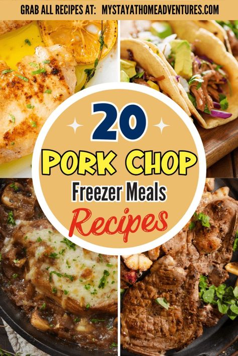 Four photos of pork chops dishes with text: 20 of The Best Pork Chop Freezer Meals Pork Chop Recipes Freezer, Freezer Pork Chop Meals Easy Recipes, Pork Freezer Meals Crockpot, Make Ahead Pork Meals To Freeze, Pork Loin Freezer Meal Crock Pot, Freezer Meals Pork Chops, Freezer Meals With Pork, Freezer Pork Chops, Pork Chop Recipes Meal Prep