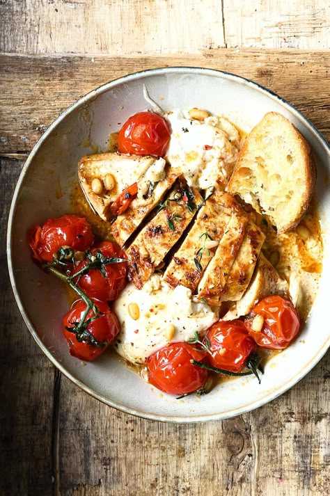 Chicken with Braised Tomatoes and Burrata Chicken With Burrata, Chicken Burrata Recipe, Burrata Dinner Recipes, Chicken And Burrata Recipes, Recipes With Burrata Cheese And Chicken, Burrata Chicken Recipe, Chicken Spaghetti Burrata, Chicken Tomato Burrata, Burrata Chicken