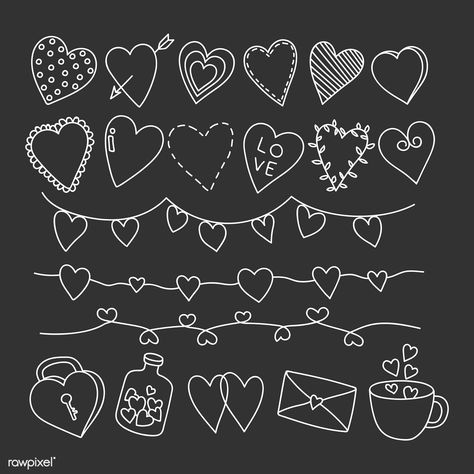 Hand drawn love and valentine's day doodle vector collection | premium image by rawpixel.com / marinemynt 1 Year Relationship Scrapbook, Doodles For Scrapbook, Valentine Chalkboard Ideas, Valentine Chalkboard Art, Draw Heart, Valentines Day Doodles, Valentines Day Drawing, Valentines Scrapbook, Diy Photo Book