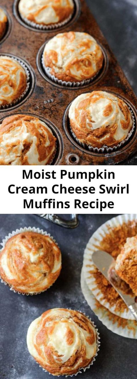 Moist Pumpkin Cream Cheese Swirl Muffins Recipe - Moist spiced pumpkin muffins are topped with sweet cream cheese that melts into them as they bake and only take 30 minutes! Pumpkin Cream Cheese Mini Muffins, Pumpkin Cheesecake Muffins Easy, Pumpkin Muffins Cream Cheese Frosting, Pumpkin Swirl Muffins, Pumpkin Cream Cheese Swirl Muffins, Pumpkin Cream Cheese Swirl Muffins Recipe, Cream Cheese Pumpkin Muffins, Thanksgiving Muffins, Pumpkin Cream Cheese Muffin