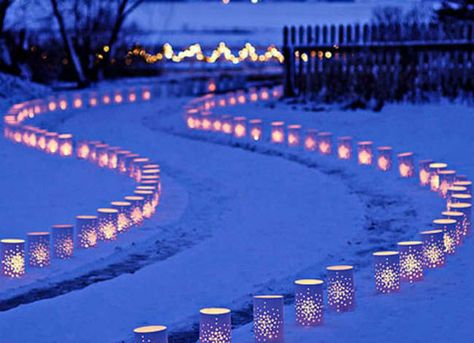 Line your walkway with these DIY luminaries crafted from plastic cylinders. Disney Princess Wedding, Christmas Lighting, Yard Lights, Diy Cans, Christmas Lanterns, Outdoor Christmas Lights, Magical Christmas, Light Project, Landscape Lighting