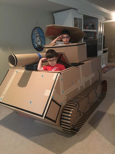 Cardboard Tank, Cardboard Props, Army Birthday Parties, Cardboard Construction, Nerf Birthday Party, Army's Birthday, Cardboard Car, Army Tank, Space Camp