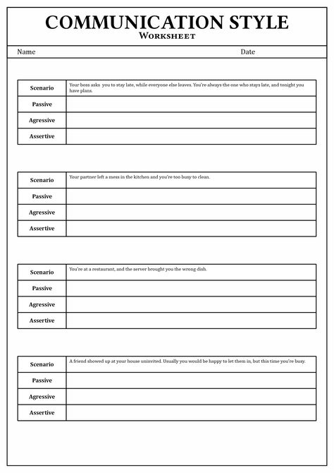 Communication Skills For Adults, Communication Styles Activities, Communication Exercises For Work, Communication Skills Activities For Adults, Communication Worksheets For Adults, Communication Worksheets For Teens, Communication Styles Worksheet, Assertiveness Worksheets, Communication Activities For Teens