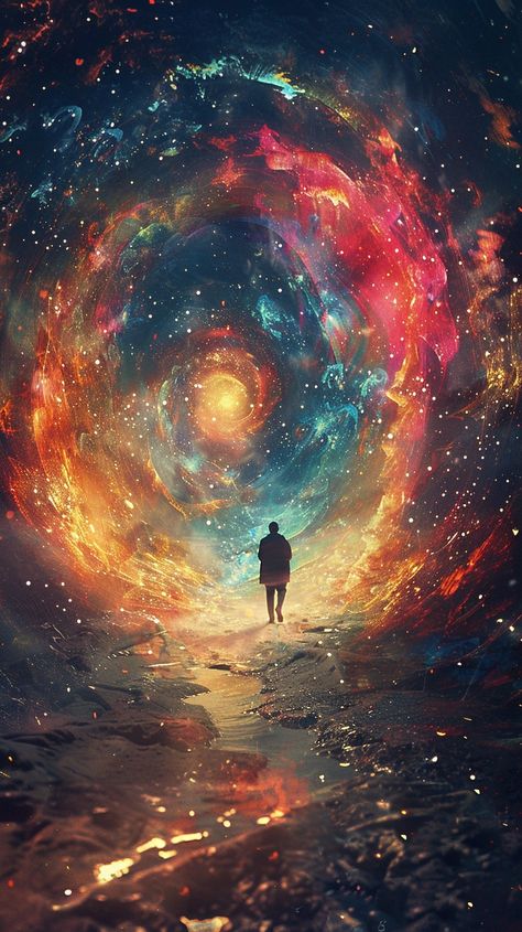 Cosmic Journey Awaits: A solitary figure stands before the swirling vortex of galactic colors, a portal to unknown worlds. #cosmic #space #universe #vortex #colors #aiart #aiphoto #stockcake ⬇️ Download and 📝 Prompt 👉 https://ayr.app/l/zEWm Cosmic Art Universe, Galactic Party, Space Portal, Galactic Art, Spiritual Seeker, Image Prompts, Portal Art, Cosmic Space, Gods Princess