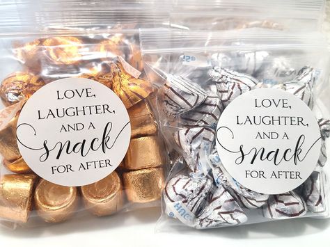 "Love laughter and a snack for after. Perfect  wedding favors for guests in bulk. DIY favor kit with 1.9\" stickers and clear bags. Just peel and stick! Each sticker is a 1.9 inch circle and precut on a 8.5x11\" sheet. Permanent adhesive with a glossy finish. If you need an amount not listed please contact me.  Bags are food safe material compliant. Choose top zip closure or bottom peel and seal. The bottom seal bags can have the seal overlapped to be made smaller. Need larger stickers? Please a Wedding Favor Snacks, Wedding Favors Bags, Wedding Snack Bags, Rehearsal Dinner Favors, Sweet Wedding Favors, Wedding Snacks, Candy Wedding, Inexpensive Wedding Favors, Candy Wedding Favors