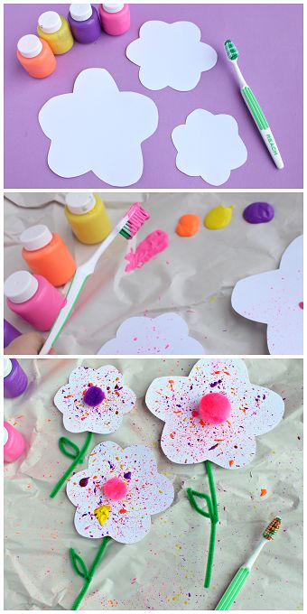 Splatter Flower Craft for Kids using a Toothbrush! Fun for spring or summer time. | CraftyMorning.com Spring Preschool, Spring Crafts For Kids, Daycare Crafts, Trendy Flowers, Toddler Art, Spring Activities, Flower Diy Crafts, Flowers Art, Childrens Crafts