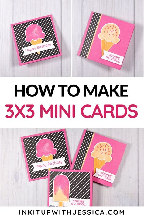 Little cards with a finished size of 3" x 3" are perfect for giving with gifts, tucking into lunch bags, or leaving on a co-worker's desk! Learn how to make these sweet summer cards in my latest card making tutorial. Creative Card Making Ideas, Card Making Ideas Easy, 3x3 Cards, Cupcake Card, Free Printable Cards, Mini Cards, Card Making Tips, Summer Cards, Pink Cards