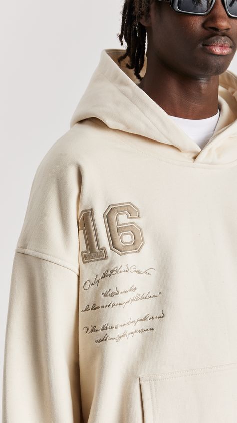 Sand Varsity Hoodie (S) Luxury Hoodie Design, Graphic Hoodie Design, Cool Hoodies Designs, One Piece Embroidery, Hoodie Graphic Design, Hoodie Embroidery, Off White Hoodie, Tonal Embroidery, Varsity Hoodie